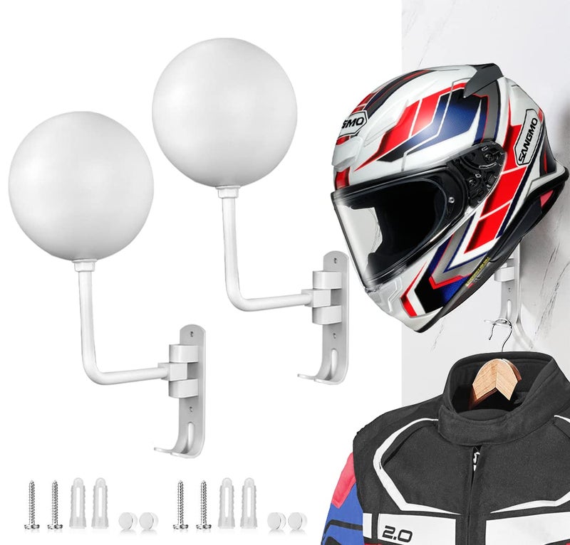 Generic SNAGMO White 180° Motorcycle Helmet Rack, Rotation Metal Wall Mount Holder With 2 Hooks for Bike Coats, Caps, Baseballs, Rugby (2 Pcs)  - Image 1