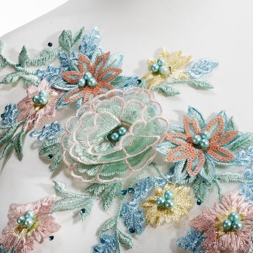 Silvora 3D Embroidered Flower Fabric Beaded Pearl Lace Applique, Handmade Sewing Tool for DIY Wedding Bridal Dress Floral Costume Patch Decor(Green) - Image 2