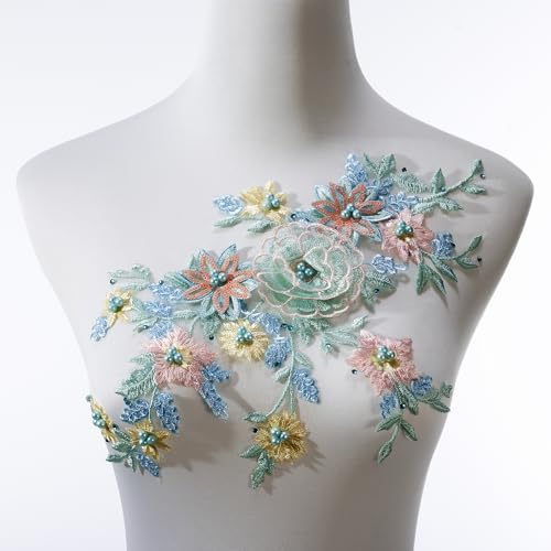 Silvora 3D Embroidered Flower Fabric Beaded Pearl Lace Applique, Handmade Sewing Tool for DIY Wedding Bridal Dress Floral Costume Patch Decor(Green) - Image 1
