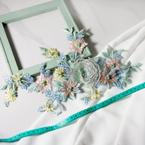 Silvora 3D Embroidered Flower Fabric Beaded Pearl Lace Applique, Handmade Sewing Tool for DIY Wedding Bridal Dress Floral Costume Patch Decor(Green) - Image 5
