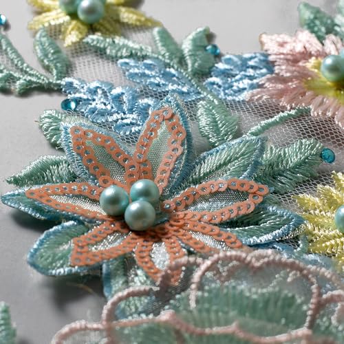 Silvora 3D Embroidered Flower Fabric Beaded Pearl Lace Applique, Handmade Sewing Tool for DIY Wedding Bridal Dress Floral Costume Patch Decor(Green) - Image 3