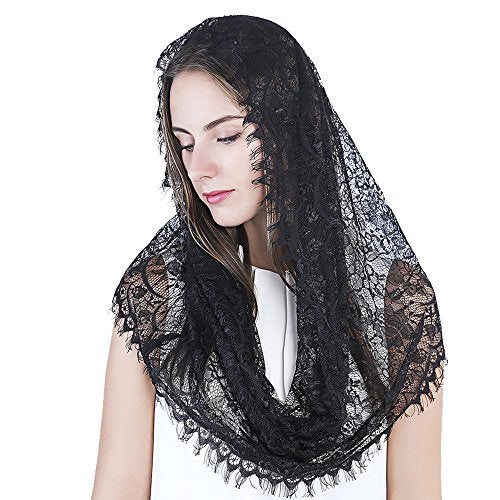 TREORSI Black Infinity Scarf Mantilla - Catholic Veil Church Veil Head Covering Latin Mass - Image 1
