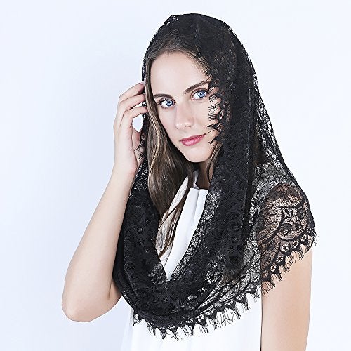 TREORSI Black Infinity Scarf Mantilla - Catholic Veil Church Veil Head Covering Latin Mass - Image 2