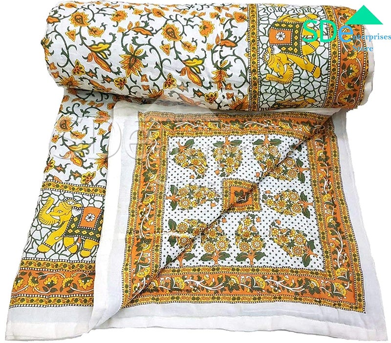 Lilfly Rajasthani Light Weight Reversible Both Side use Single Bed Soft Jaipuri AC Quilt/Razai Designer Yellow Floral with elephent Boarder Cotton Quilts (Size 55X85 inch) - Image 1