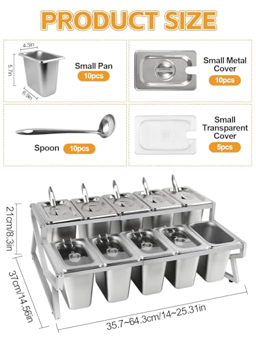 Lanstics 10 Pans Pizza Topping Station 2 Row Adjustable Pizza Storage Container Topping containers with Lids Condiment Organizers Buffet Containers Set for Restaurant Pizza Sauce Jam Fruit Ingredient - Image 2