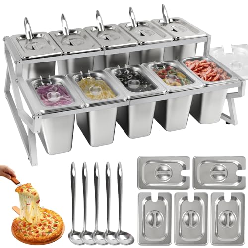 Lanstics 10 Pans Pizza Topping Station 2 Row Adjustable Pizza Storage Container Topping containers with Lids Condiment Organizers Buffet Containers Set for Restaurant Pizza Sauce Jam Fruit Ingredient - Image 1