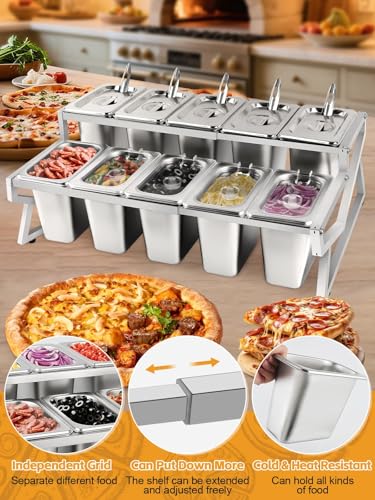 Lanstics 10 Pans Pizza Topping Station 2 Row Adjustable Pizza Storage Container Topping containers with Lids Condiment Organizers Buffet Containers Set for Restaurant Pizza Sauce Jam Fruit Ingredient - Image 5