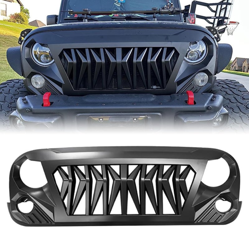DIBON AUTO Front Grille For Jeep Wrangler JK Rubicon Sahara Sport Unlimited 20072018 Matte Black Shark Grill