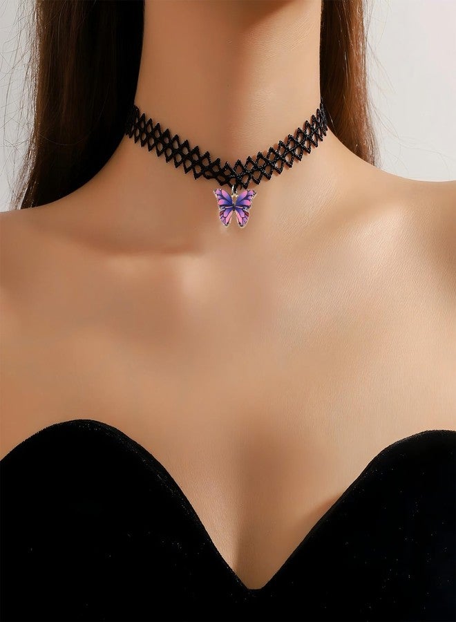 MIFYNN Black Lace Choker Necklace for Women Boho Colourful Butterfly Choker Purple Pink Butterfly Charm Necklace Stretch Lace Pendant Necklace 80s 90s Jewelry Gift (Purple) - Image 2