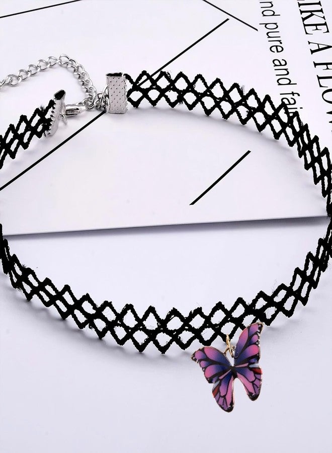 MIFYNN Black Lace Choker Necklace for Women Boho Colourful Butterfly Choker Purple Pink Butterfly Charm Necklace Stretch Lace Pendant Necklace 80s 90s Jewelry Gift (Purple) - Image 4