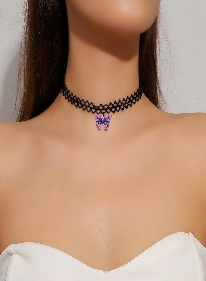 MIFYNN Black Lace Choker Necklace for Women Boho Colourful Butterfly Choker Purple Pink Butterfly Charm Necklace Stretch Lace Pendant Necklace 80s 90s Jewelry Gift (Purple) - Image 3