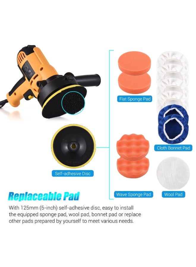 KADRAMA Car Polisher Machine - 5-Inch Electric Car Polisher Kit, 600W Adjustable Speed Car Waxing Machine, Auto Car Rotary Buffer, Car Waxer, Portable Auto Polishing Kit with Auxiliary Handle, Sponge Pads, Wool Bonnet Pads Rotary Tool for Auto Sanding Polishing - Image 3