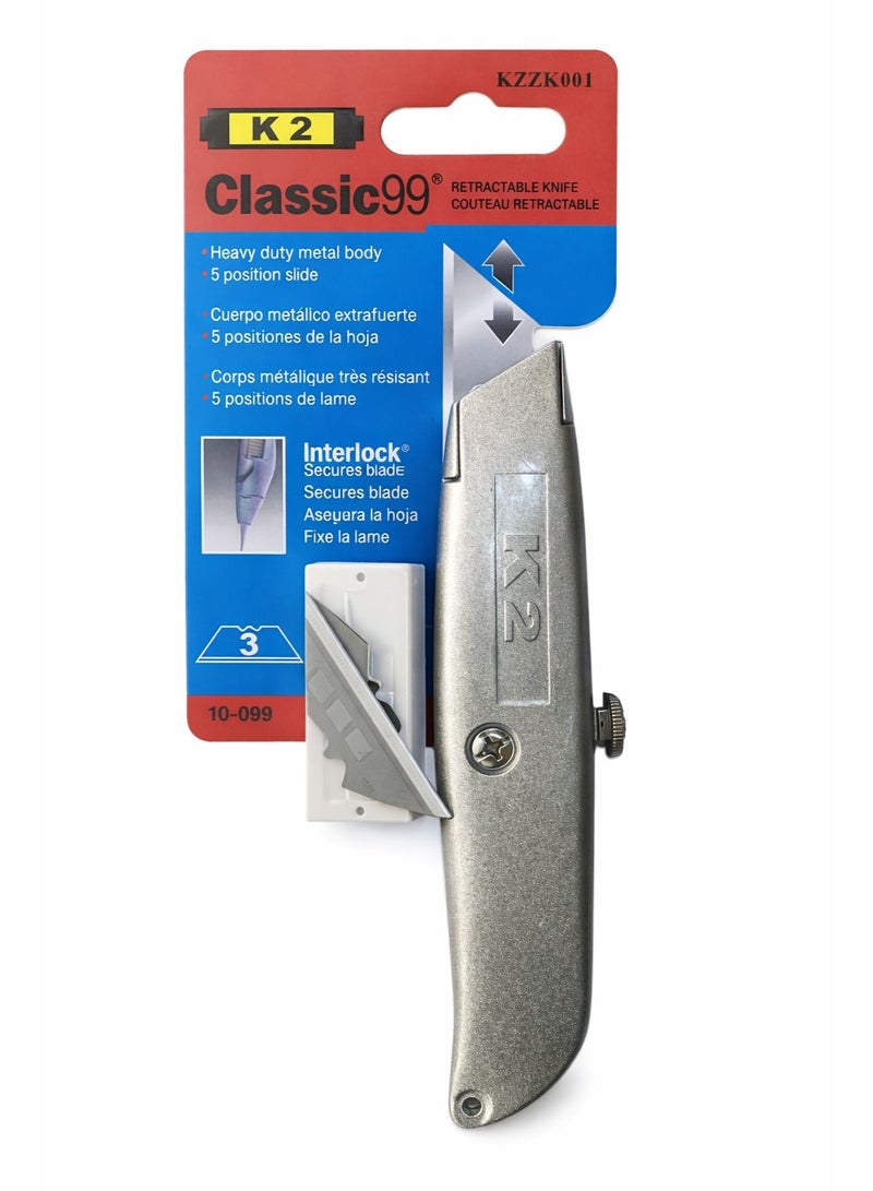 K2 Classic99 Retractable Utility Knife Made in USA + 10 FREE Blades – Heavy Duty Metal Cutter - Image 1