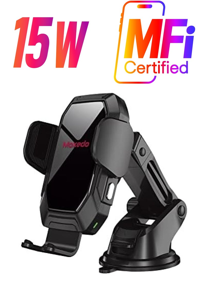 Moxedo 15W Wireless Phone Holder with Car Charger Qi Auto Sensor Windshield/Dashboard/Air Vent Compatible for iPhone 13 12 11 Pro, XR, XS, XS Max, Galaxy S20 Note 20 Ultra & All Smartphones - Image 1