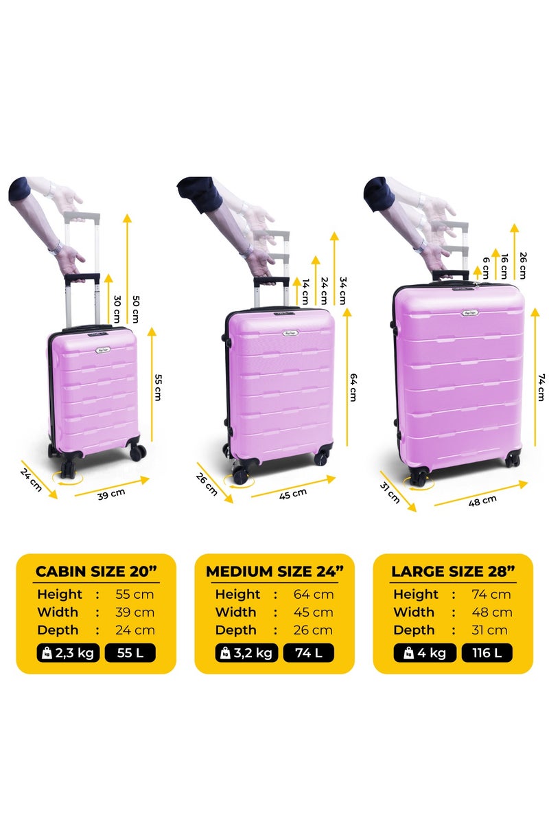 بيج ديزاين طقم حقائب سفر مكوّن من 3 قطع، مقاسات 20 بوصة و24 بوصة و28 بوصة، مزوّد بقفل TSA، مصنوع من هيكل ABS خفيف الوزن، حقيبة ترولي صلبة، عجلات دوّارة 360°، مناسب لكابينة الطائرة والحقائب المحمولة – صنع في تركيا - Image 5