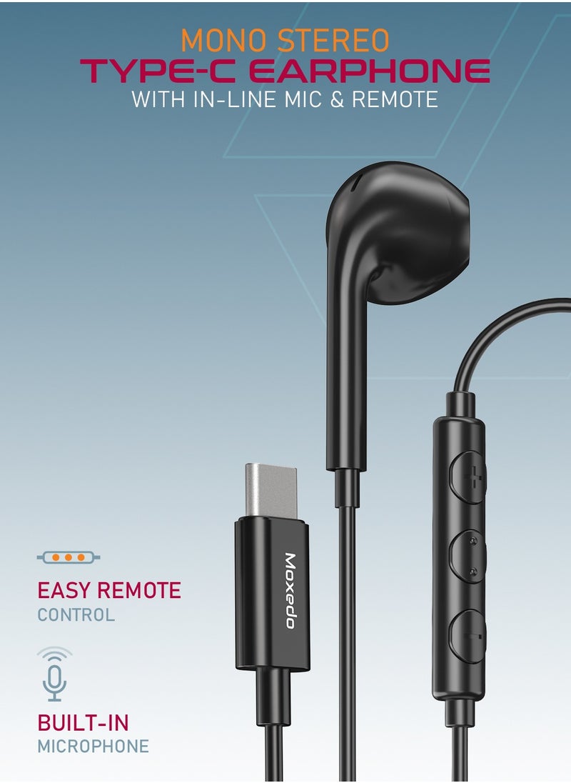 Moxedo - Moxedo Mono Stereo Earphone USB Type-C Connector Earphone with In-Line Remote, Built-in Microphone for iPhone 15, Samsung Galaxy S24 Ultra/S21 Ultra/S20 FE Note 20/10, iPad Pro 2018/Mac Book (Black) - Image 1