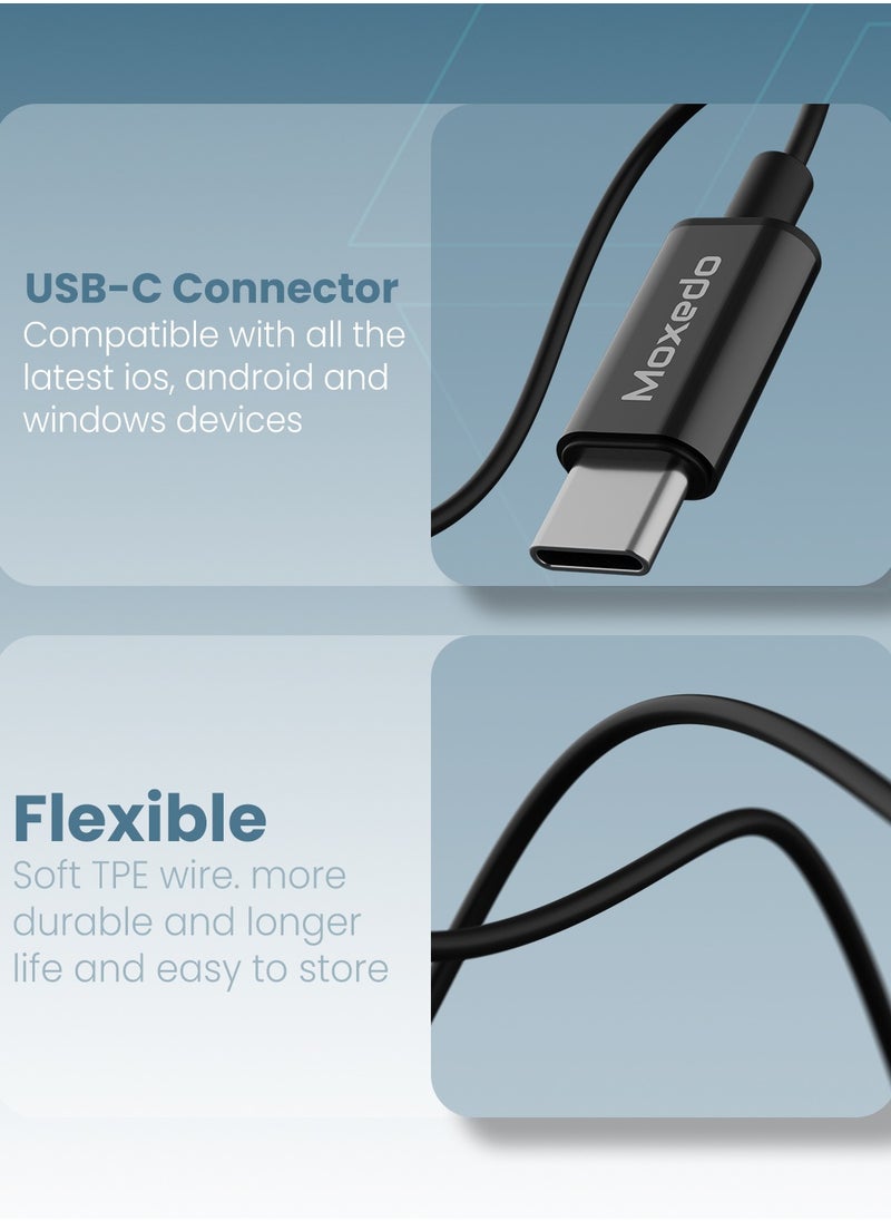 Moxedo - Moxedo Mono Stereo Earphone USB Type-C Connector Earphone with In-Line Remote, Built-in Microphone for iPhone 15, Samsung Galaxy S24 Ultra/S21 Ultra/S20 FE Note 20/10, iPad Pro 2018/Mac Book (Black) - Image 1