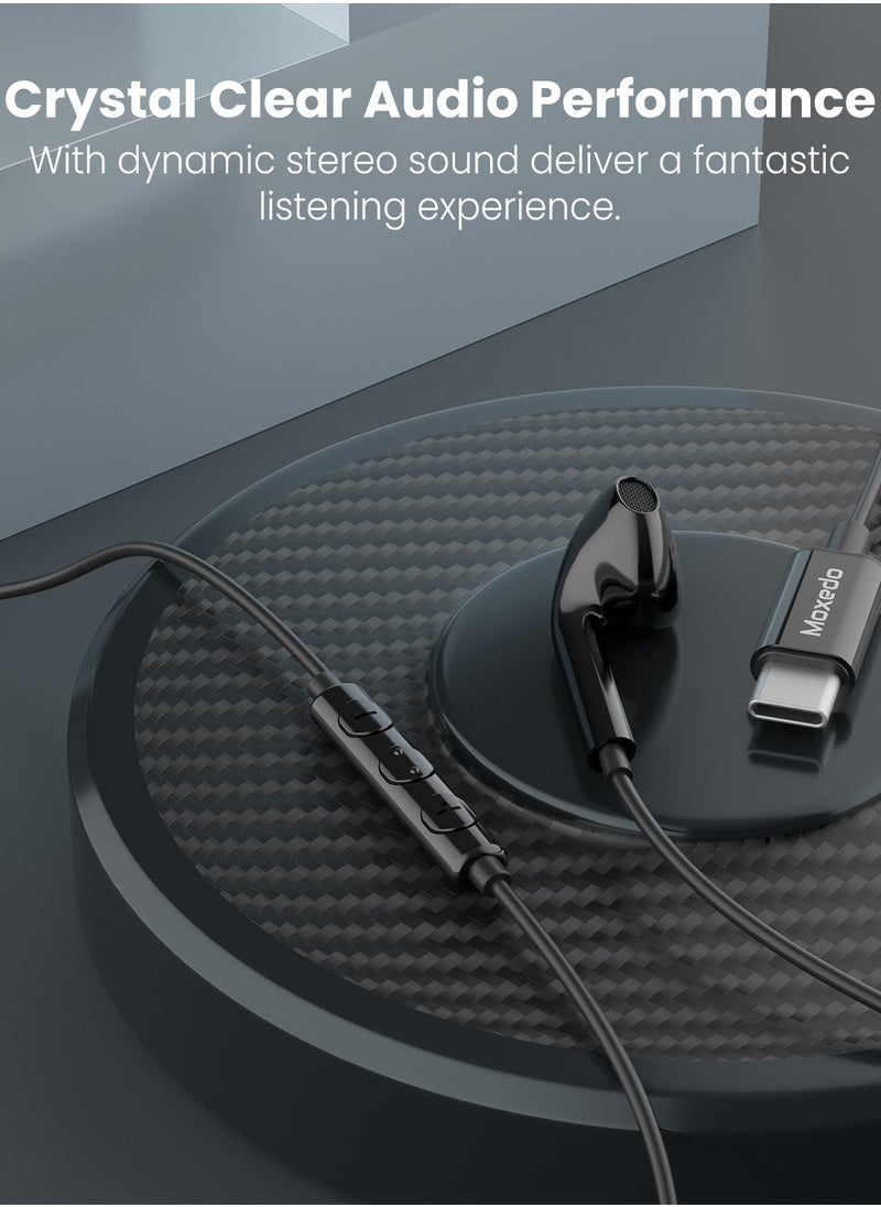 Moxedo - Moxedo Mono Stereo Earphone USB Type-C Connector Earphone with In-Line Remote, Built-in Microphone for iPhone 15, Samsung Galaxy S24 Ultra/S21 Ultra/S20 FE Note 20/10, iPad Pro 2018/Mac Book (Black) - Image 1