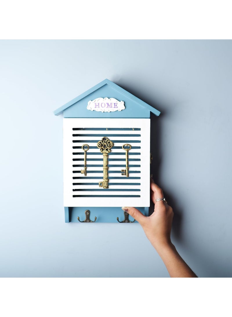 Blue & White Wooden Key Box – Wall-Mounted Key Holder with Multiple Hooks | Decorative Home & Office Key Organizer, Key Caddy & Storage Cabinet for Entryway, Hallway & Living Room - Image 1
