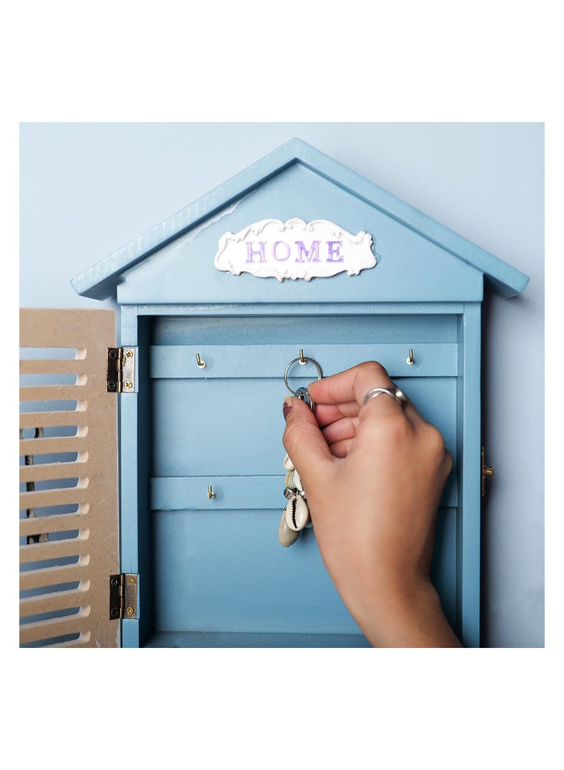 Blue & White Wooden Key Box – Wall-Mounted Key Holder with Multiple Hooks | Decorative Home & Office Key Organizer, Key Caddy & Storage Cabinet for Entryway, Hallway & Living Room - Image 3