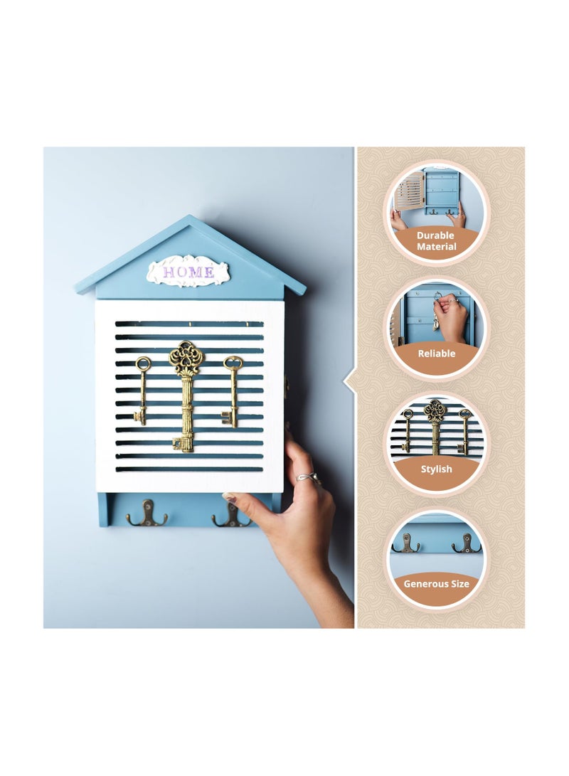Blue & White Wooden Key Box – Wall-Mounted Key Holder with Multiple Hooks | Decorative Home & Office Key Organizer, Key Caddy & Storage Cabinet for Entryway, Hallway & Living Room - Image 2