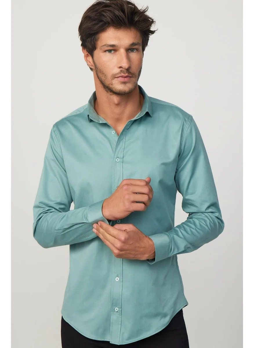 Tudors Slim Fit Lycra Plain Cotton Satin Green Men's Shirt