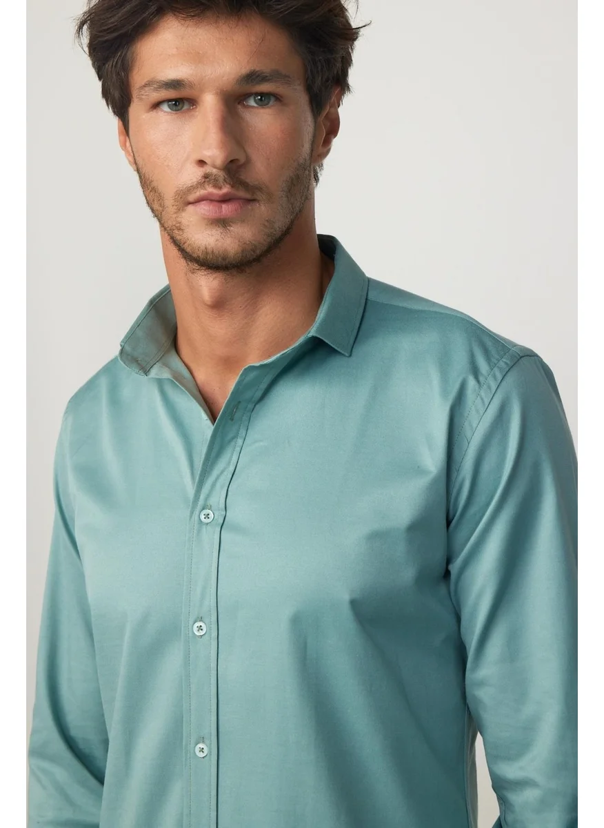 Tudors Slim Fit Lycra Plain Cotton Satin Green Men's Shirt