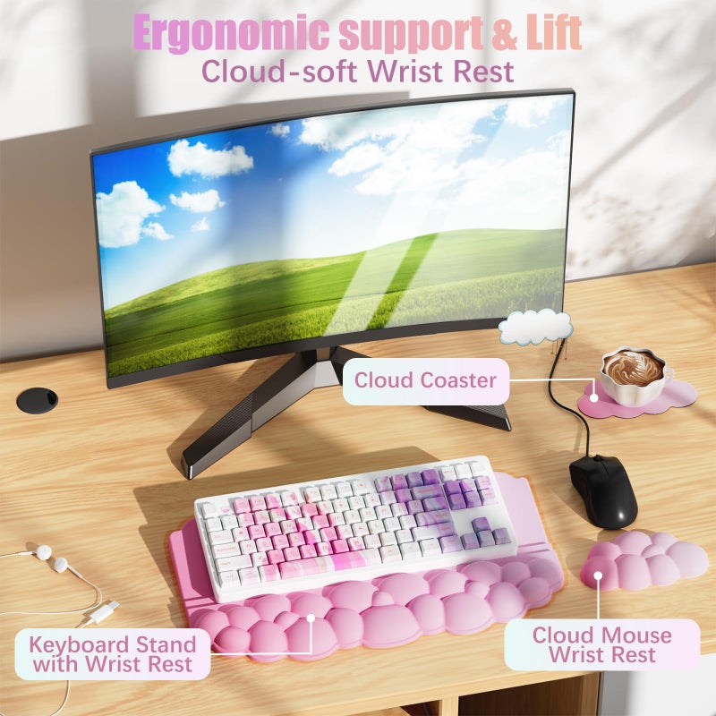Lomil Wrist Rest with Keyboard Stand, Ergonomic Computer Wrist Support Pad, Cloud Keyboard Riser Holder with Wrist Pad, Memory Foam Desk Cushion, Palm Hand Typing for Office Home School-Pink - Image 4