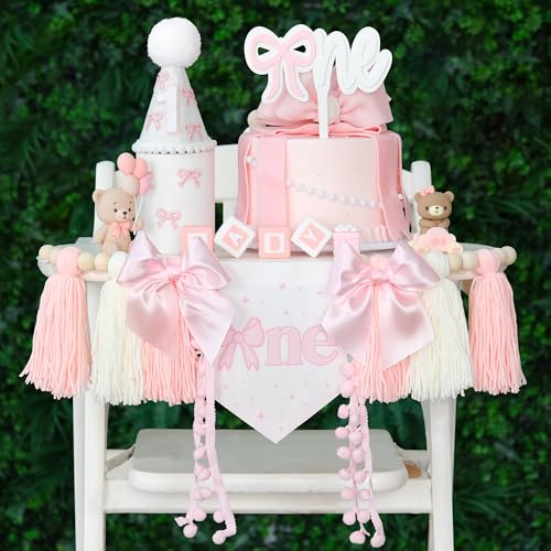 HODIHIWI Pink Bow 1st Birthday Highchair Banner Decorations Wood Bead Tassel Garland Cone Hat Wooden Cake Topper For Baby Girls - Image 1