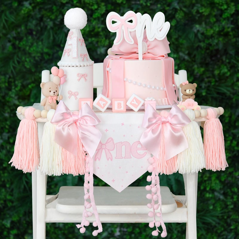 HODIHIWI Pink Bow 1st Birthday Highchair Banner Decorations Wood Bead Tassel Garland Cone Hat Wooden Cake Topper For Baby Girls - Image 2