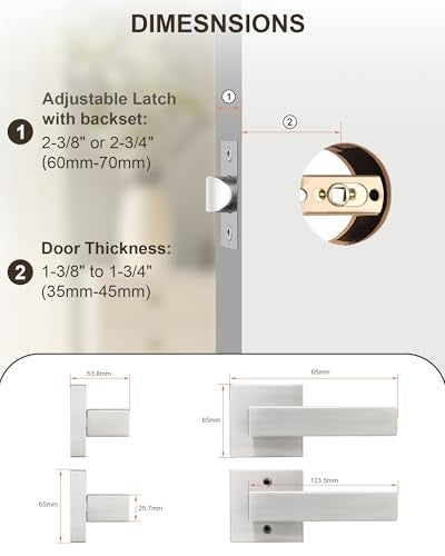 Probrico 4 Pack Square Door Lever Door Lock Handle Lockset Keyless Doorknobs Passage Knobs Lockset Interior Hallway Passage Closet in Satin Nickel - Image 3