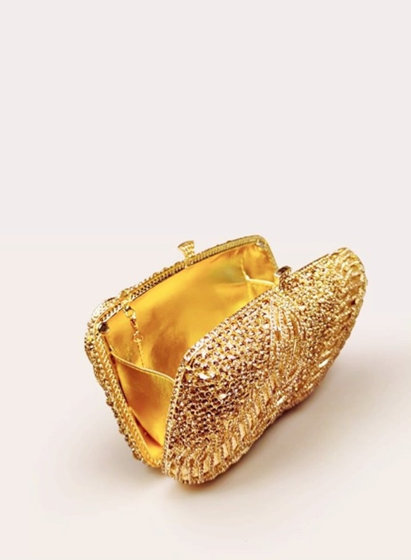 Luxury Artistic Carved Floral Crystal Encrusted Gold Evening Bag Small Clutch Mini Party Bag  - Image 3
