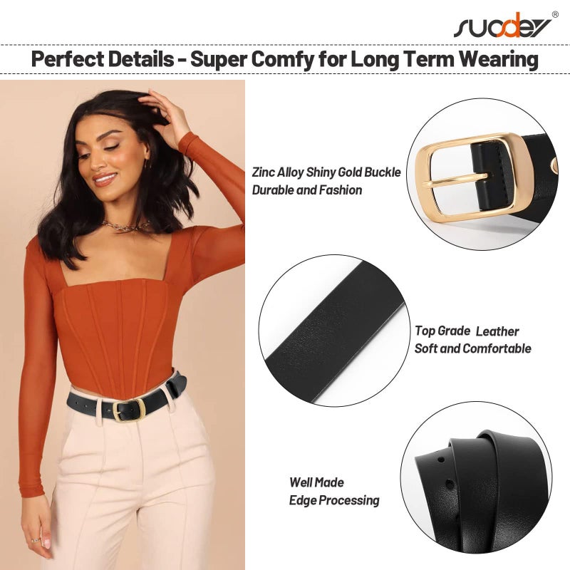SUOSDEY Fashion Womens Leather Belt, Soft Leather Waist Belt with Gold Pin Buckle for Jeans Pants,width 1.3" - Image 3
