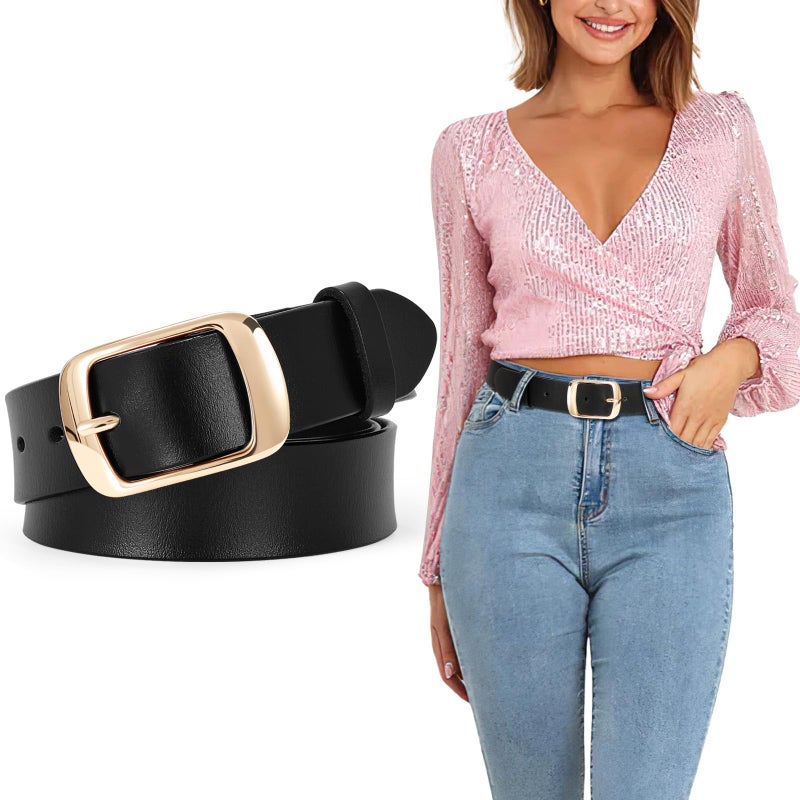 SUOSDEY Fashion Womens Leather Belt, Soft Leather Waist Belt with Gold Pin Buckle for Jeans Pants,width 1.3" - Image 1