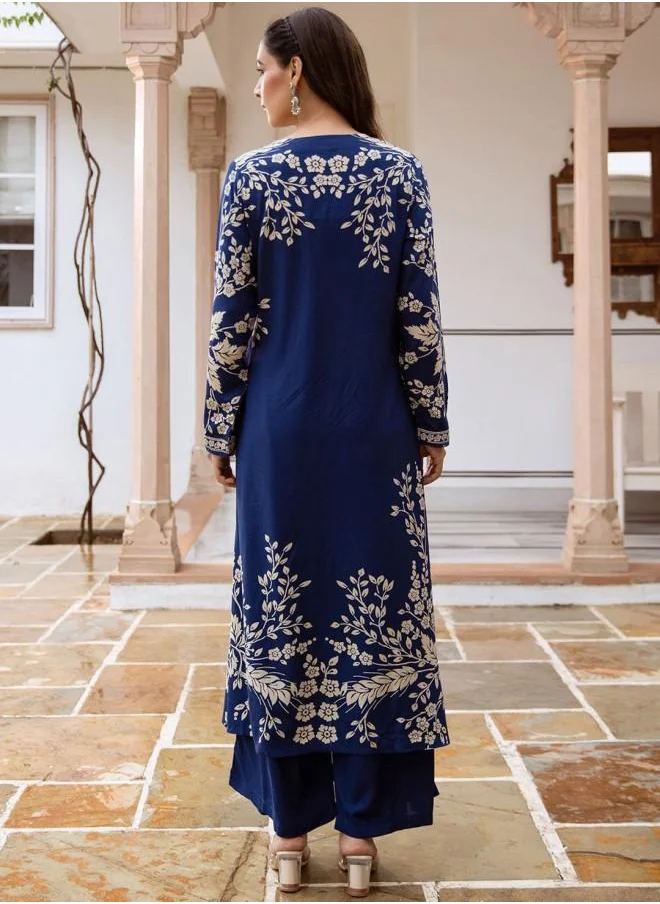 آي شين Mid Rise Women Royal Blue Rayon Kurta Set with Embroidered pattern Tunic and Palazzo features a Round neckline and Three-Fourth Sleeve secured with Elastic closure and styled in Straight Fit ideal for Festive moments — perfect for fashion-forward occasions.