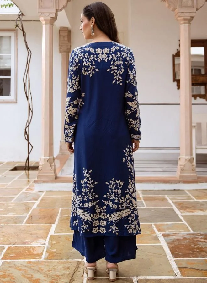 ISHIN Women's Royal Blue Rayon Embroidered Tunic Full Length Palazzo Straight Fit Kurta Set