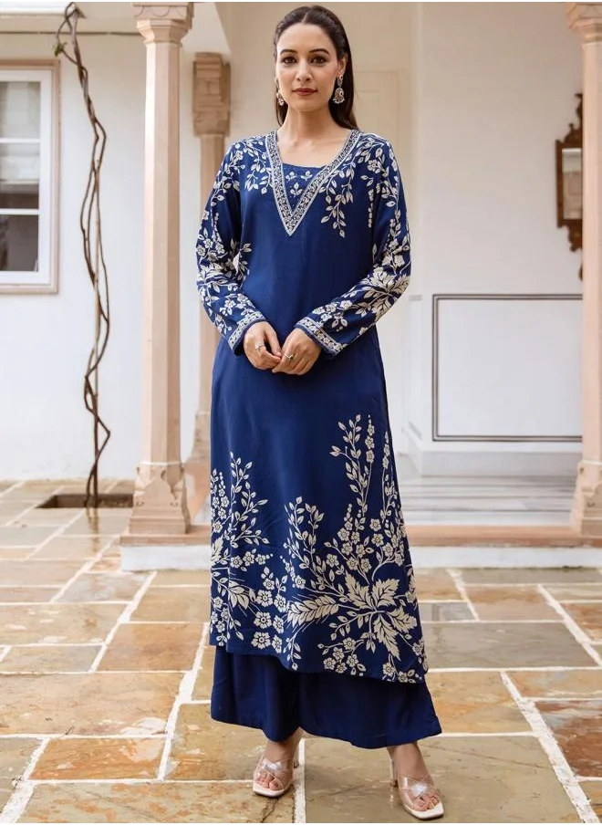 ISHIN Mid Rise Women Royal Blue Rayon Kurta Set with Embroidered pattern Tunic and Palazzo features a Round neckline and Three-Fourth Sleeve secured with Elastic closure and styled in Straight Fit ideal for Festive moments — perfect for fashion-forward occasions.