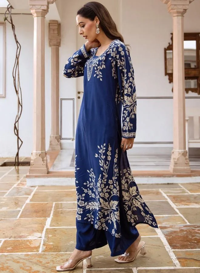 ISHIN Women's Royal Blue Rayon Embroidered Tunic Full Length Palazzo Straight Fit Kurta Set