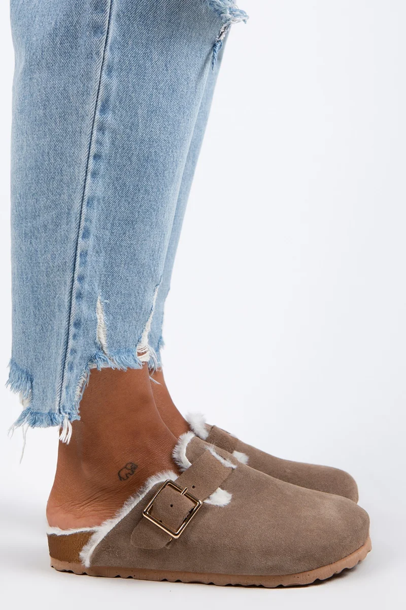 Manijero Manijero Zeta Women's Fur-Lined Genuine Leather Buckled Belted Fur-Lined Mink Suede Slippers