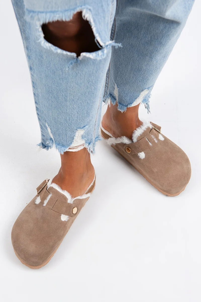 Manijero Manijero Zeta Women's Fur-Lined Genuine Leather Buckled Belted Fur-Lined Mink Suede Slippers