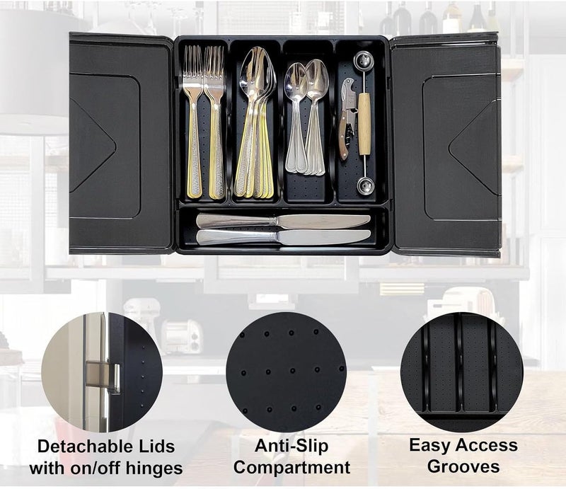 X spring Silverware Organizer with Lid, Durable Plastic Utensil Holder, Space-Saving Kitchen Drawer Organizer for Spoons, Forks and Knives, Compact Dining Accessories Storage - Image 2