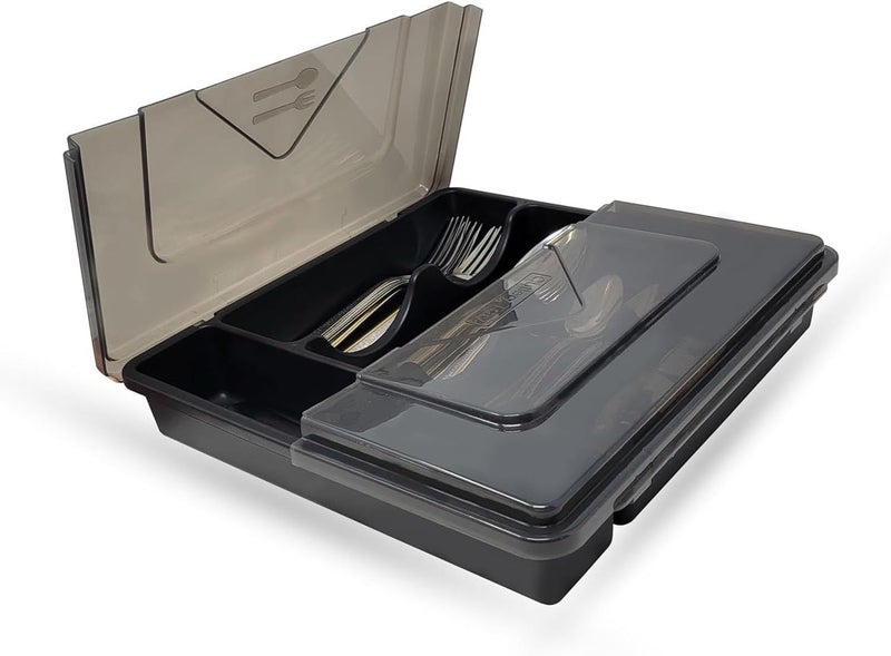 X spring Silverware Organizer with Lid, Durable Plastic Utensil Holder, Space-Saving Kitchen Drawer Organizer for Spoons, Forks and Knives, Compact Dining Accessories Storage - Image 1