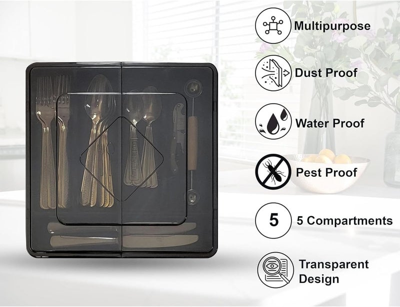 X spring Silverware Organizer with Lid, Durable Plastic Utensil Holder, Space-Saving Kitchen Drawer Organizer for Spoons, Forks and Knives, Compact Dining Accessories Storage - Image 3