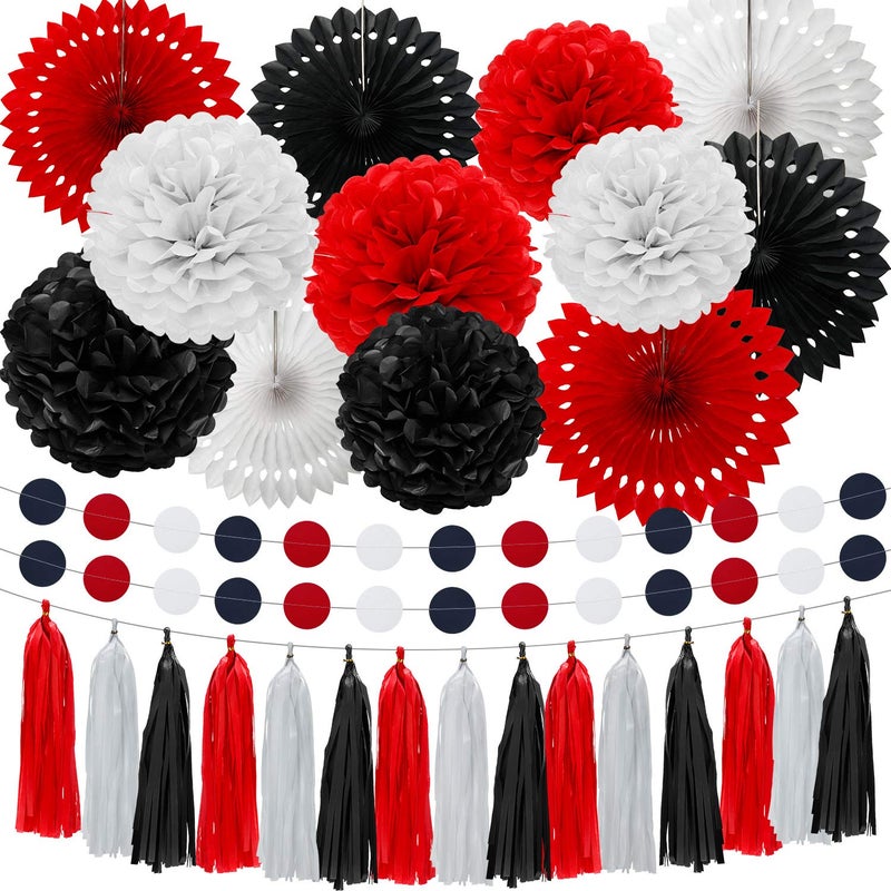 WILLBOND WILLBOND 29 Pcs Red and Black Decorations Mouse Paper Decoration Fan Pom Pom Honeycomb Flower Tissue Tassel Garland Theme Party Supplies for Graduation BirthdayWhite Red Black 