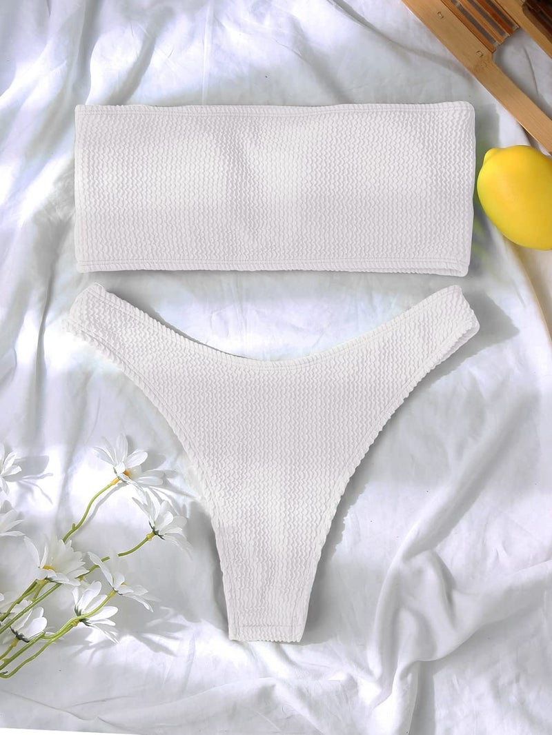 YIMISAN Women's Two Piece Bandeau Swimsuit Ribbed Strapless Tube Bikini Top with Mid Waist Cheeky Bottom Bathing Suit White - Image 5