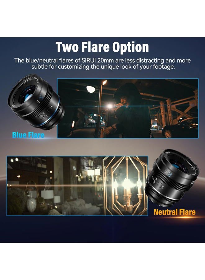 SIRUI 20mm T1.8 1.33X Anamorphic Lens, S35 Autofocus Lens for E Mount Cameras, A6500, A6700, FX3/30, ZV-E Series, A7 Series, A9/9II (Blue Flare) - Image 4
