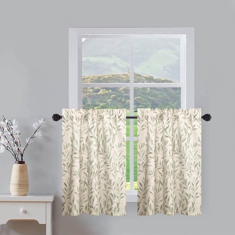 VOGOL Kitchen Curtains 30 Inch Length Green Leaves Print Linen Texture Short Tier Curtains Rod Pocket Valances for Dining Room 30x30 2 Panels