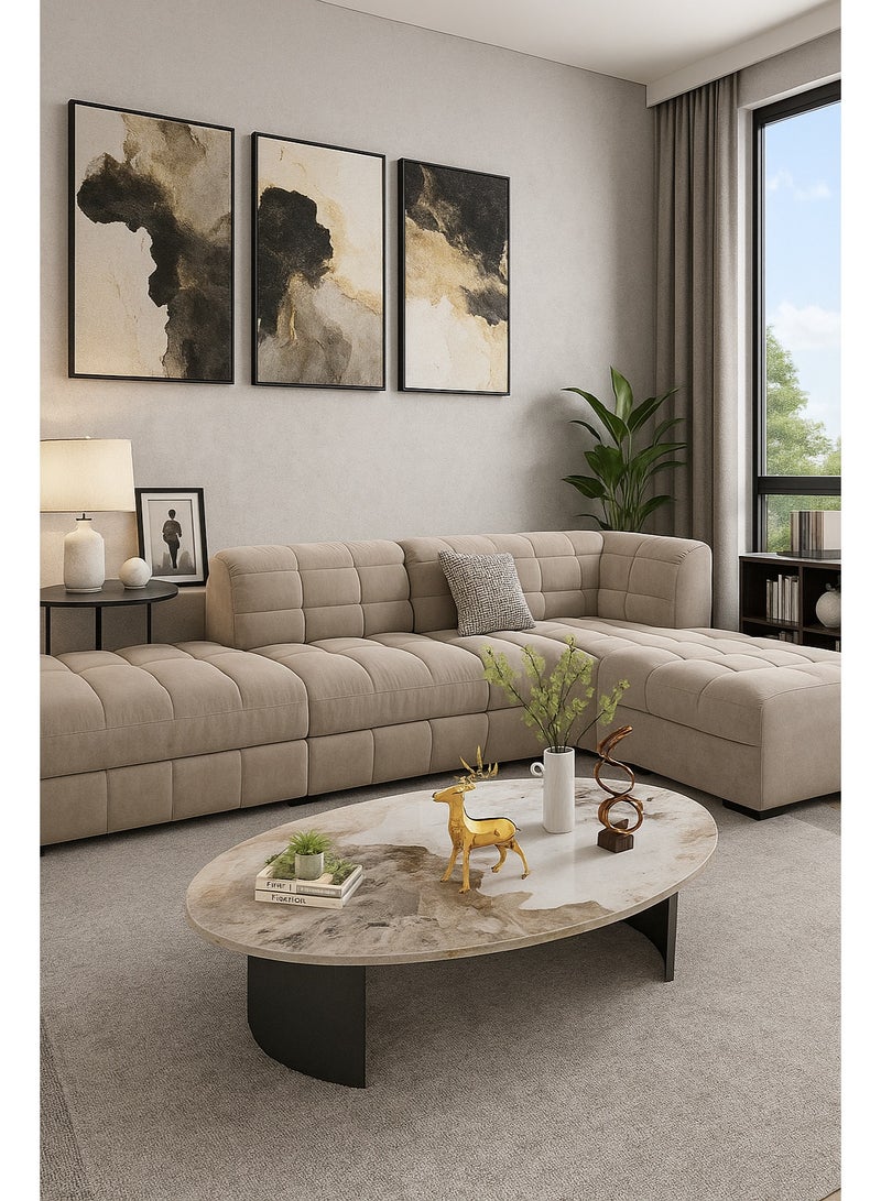 AFT Modern Oval Center Table – 120×60×40 cm, 12 mm Sintered Stone Top in White & Brown Marble Finish with Black Metal Base, Stylish Living Room Coffee Table - Image 1