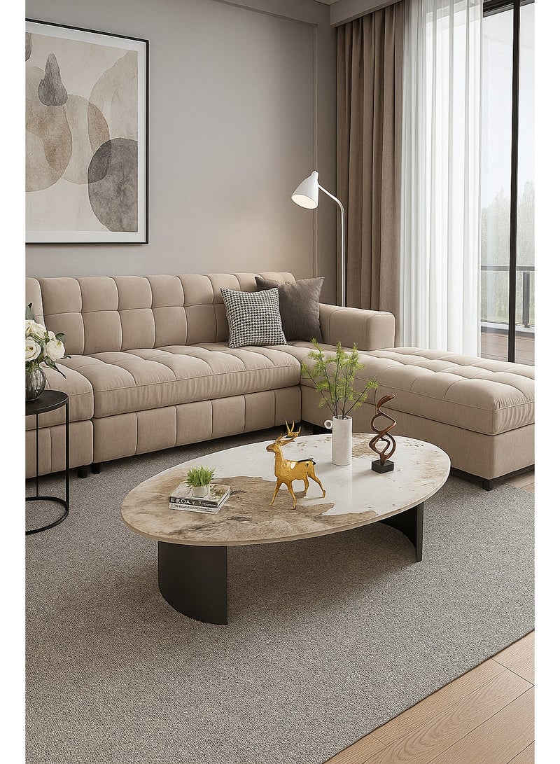 AFT Modern Oval Center Table – 120×60×40 cm, 12 mm Sintered Stone Top in White & Brown Marble Finish with Black Metal Base, Stylish Living Room Coffee Table - Image 2