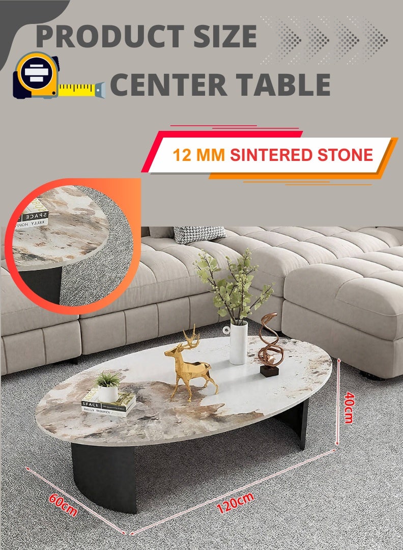 AFT Modern Oval Center Table – 120×60×40 cm, 12 mm Sintered Stone Top in White & Brown Marble Finish with Black Metal Base, Stylish Living Room Coffee Table - Image 3